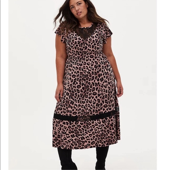 Torrid Leopard Animal Print Studio Knit Midi Dress 2X Tan Black Lace Goth Date - Picture 1 of 11